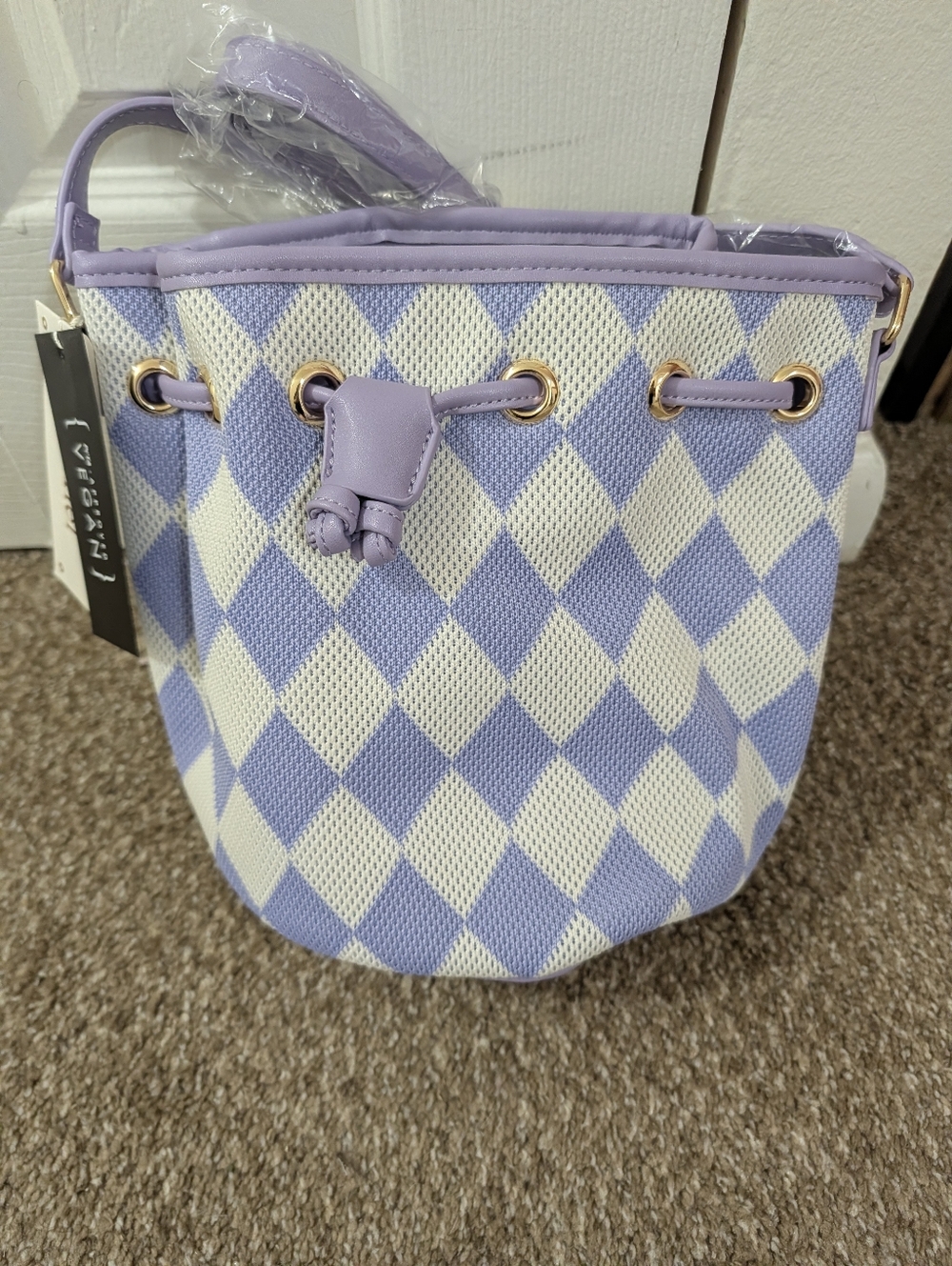 NWT Le Miel Vegan Lavender Harlequin Drawstring Bucket Bag